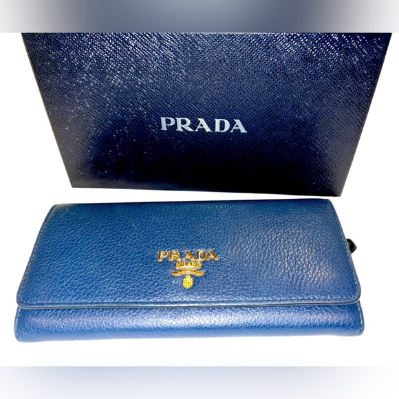 Prada Blue Leather Continental Wallet with Removable Card Holder – Gold Hardware - Picture 1 of 7